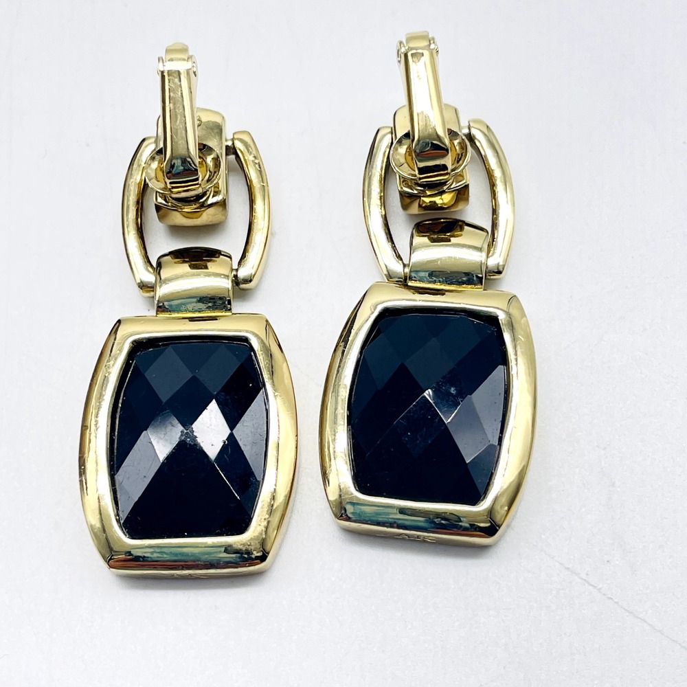 Anne Klein Signed Earrings Black Faceted Bead Gold Tone Dangle Clip On Statement - Picture 2 of 11
